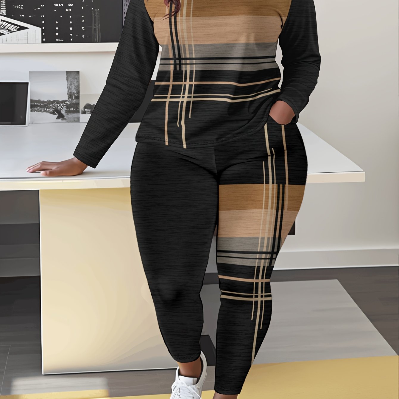 Women'S Casual Striped Print Long Sleeve Crew Neck Jumpsuit with Pockets