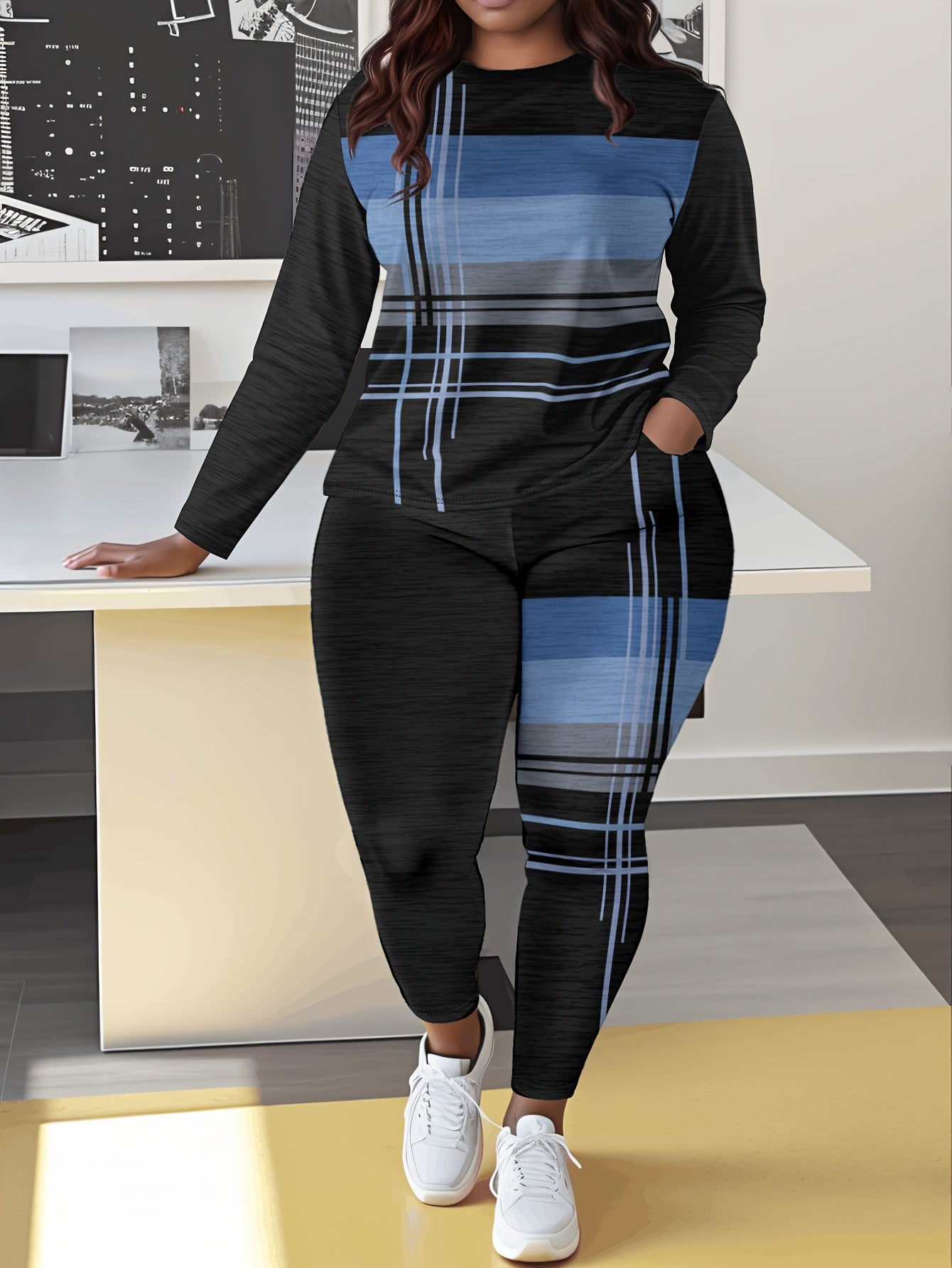 Women'S Casual Striped Print Long Sleeve Crew Neck Jumpsuit with Pockets