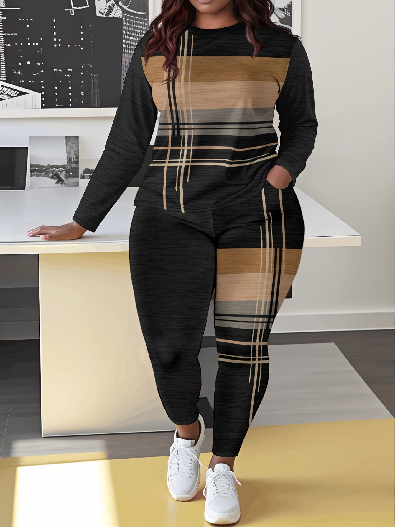 Women'S Casual Striped Print Long Sleeve Crew Neck Jumpsuit with Pockets