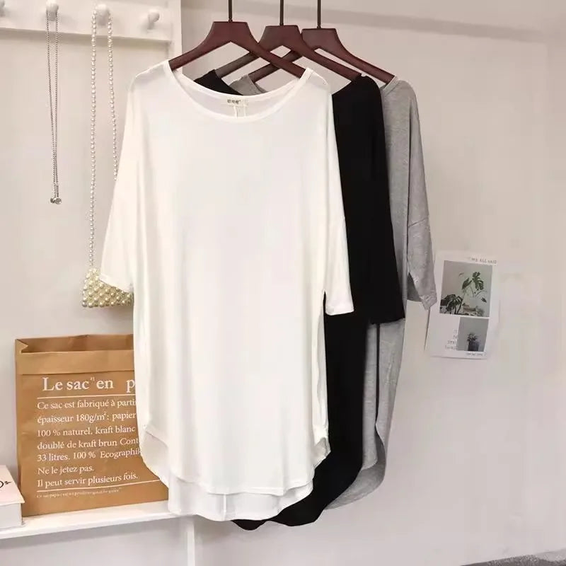 Summer Loose Mid-Length Ice Silk Short Sleeve T-Shirt Women