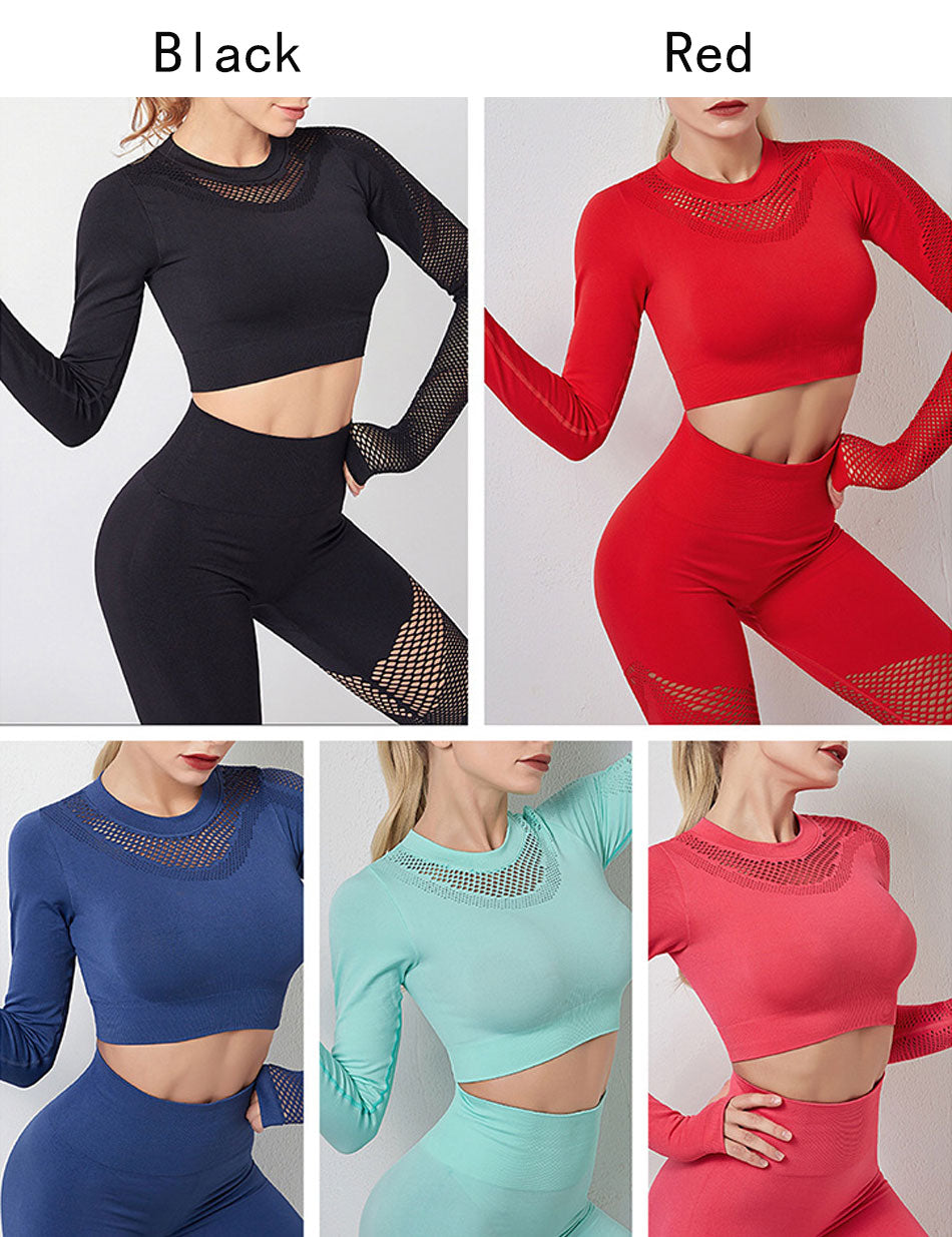 Yoga Sets Women Gym Clothes Seamless Long Sleeve Crop Tops